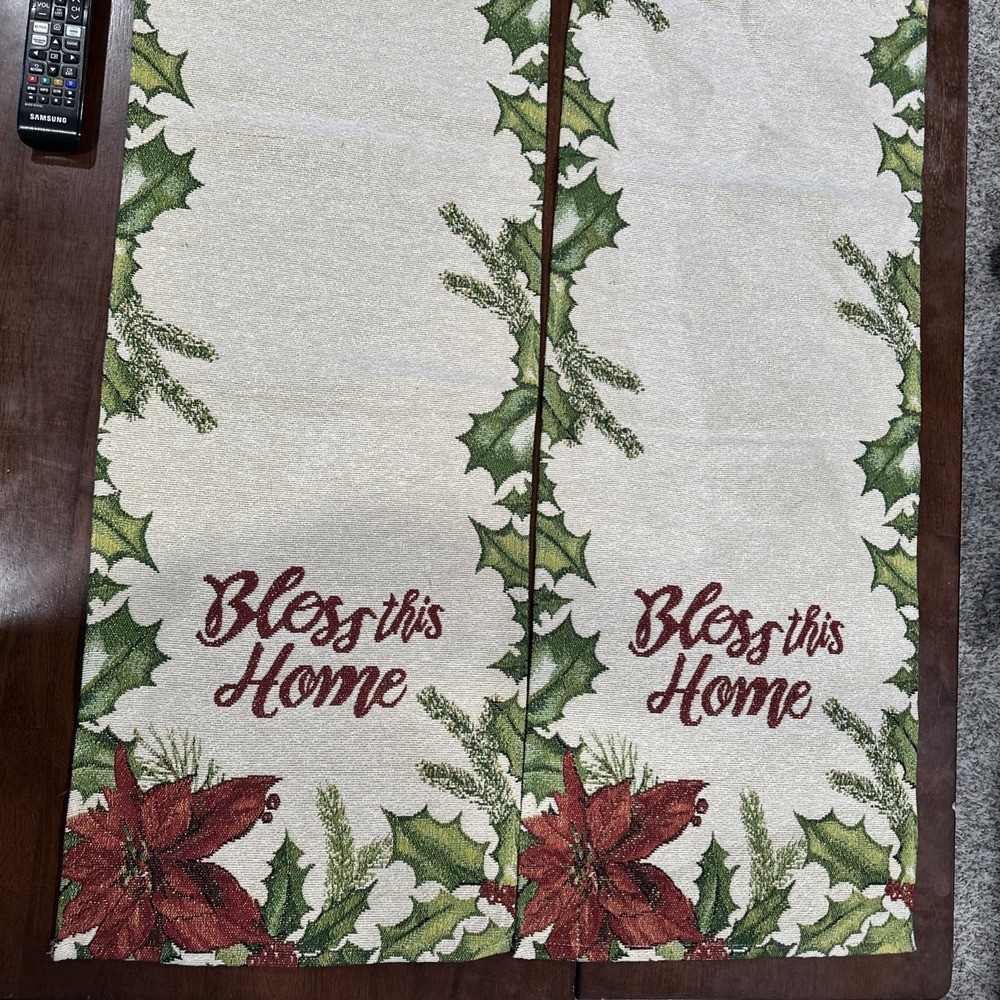 Christmas Holiday Table Runner BLESS THIS HOME Gold Green Holly Red Poinsettia‎